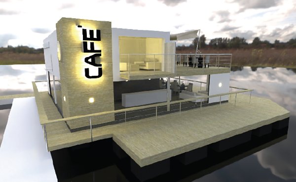 A floating café, to be built near the homes, has attracted interest from a gin distillery.